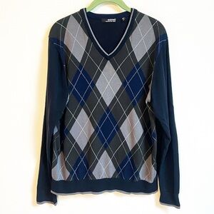 Murano Luxurious Fine Cotton Men’s V Neck Argyle Sweater Blue Gray Pullover M